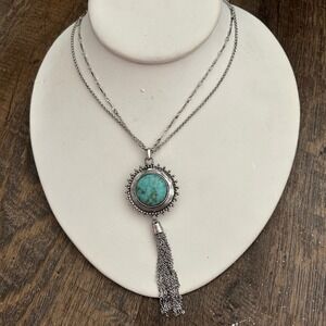 Lucky Brand Reversible Turquoise Abalone Tassel Pendant Double Chain Necklace